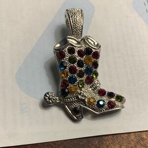 Rhinestone Cowboy Boot Silver Tone Pendant